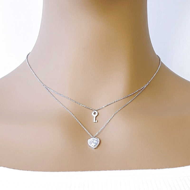 Heart and Key Cubic Zirconia Necklace