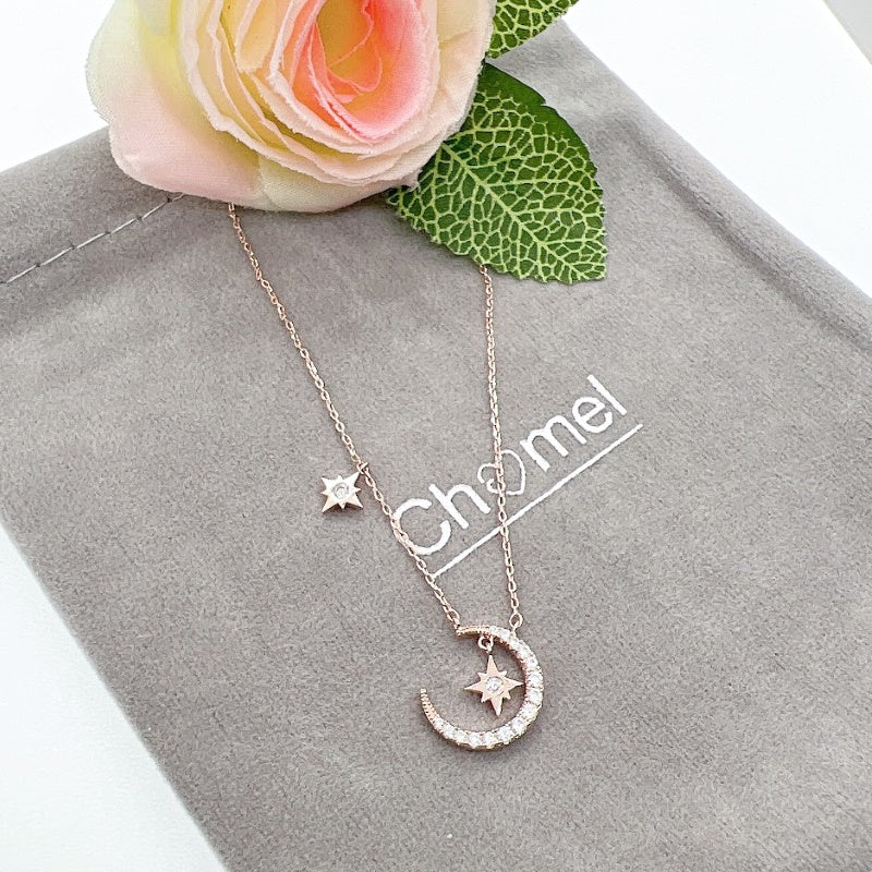 Moon & Star Cubic Zirconia Necklace - CHOMEL